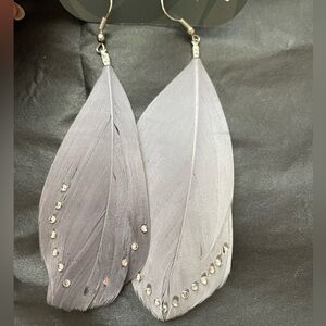 Gray Feather Earrings with Rhinestones